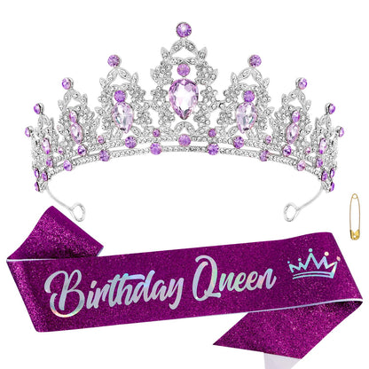 Atoden Green Birthday Crown and Sash Tiara for Women and Girls, Crystal Rhinestone Tiara for Birthday Party, Wedding, Quinceanera, Prom, Festival, EF8277