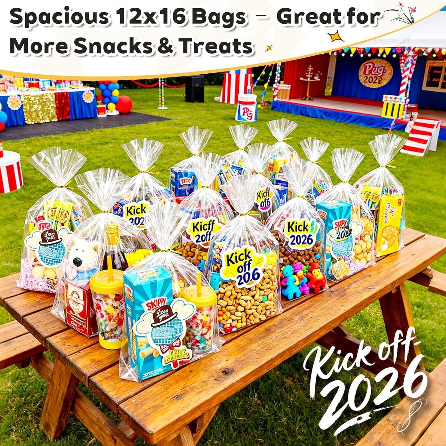 PigPotParty Cellophane Treat Bags 6x9 Inch, 50 Pack Clear Goodie Bags with Bottom Gusset for Stand-Up Display, Small Plastic Gift Wrap for Cookies, Candy, Party Favors, Popcorn, Includes 50 Gold Ties