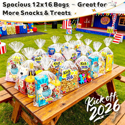PigPotParty Cellophane Treat Bags 6x9 Inch, 50 Pack Clear Goodie Bags with Bottom Gusset for Stand-Up Display, Small Plastic Gift Wrap for Cookies, Candy, Party Favors, Popcorn, Includes 50 Gold Ties