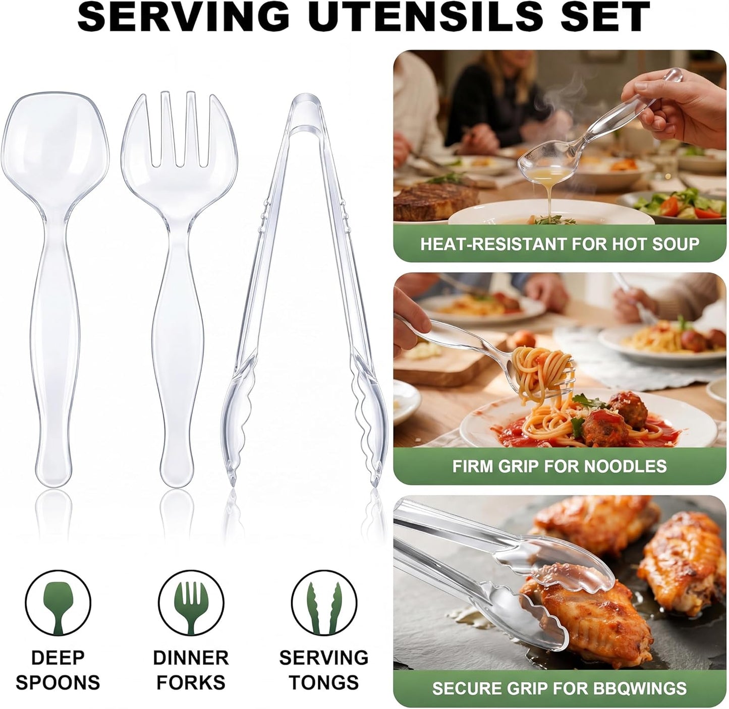 36Pcs Disposable Plastic Serving Utensils Set, 12 Black Spoons, 12 Forks, 12 Tongs, 9-Inch for Party Buffet Catering Events, Heavy Duty and Ergonomic Design