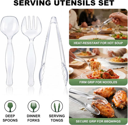 36Pcs Disposable Plastic Serving Utensils Set, 12 Black Spoons, 12 Forks, 12 Tongs, 9-Inch for Party Buffet Catering Events, Heavy Duty and Ergonomic Design