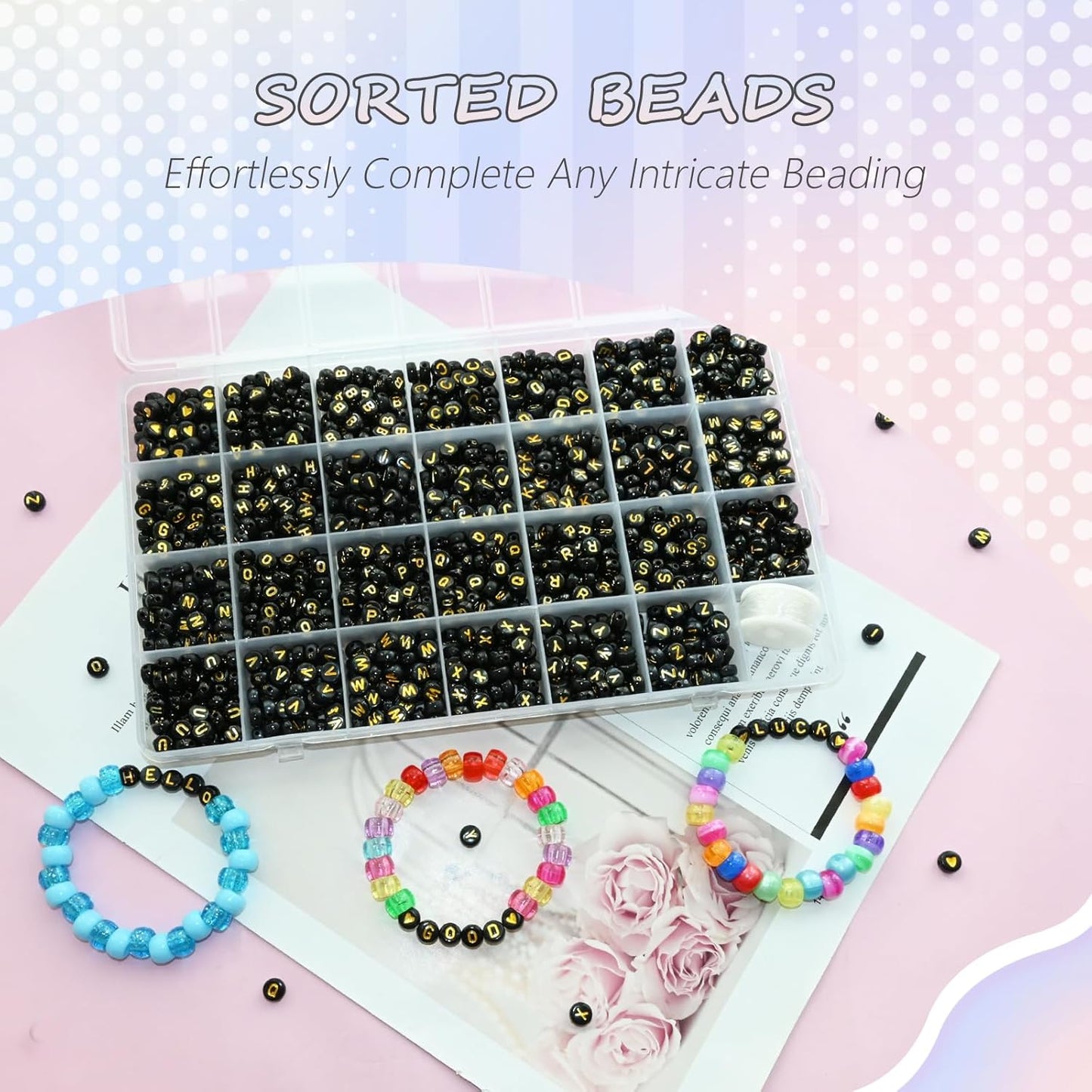 Amaney 1400pcs Glow Letter Beads, Heart Beads Whit Elastic Beading Cord,4x7mm Round Acrylic Alphabet Beads for Friend Bracelet Jewelry Making