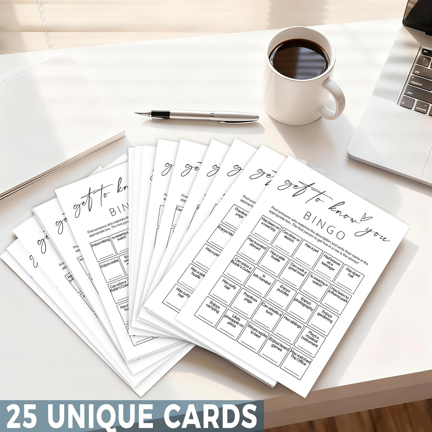 Team Building Games for Work Adults – Find Someone Who Bingo Game, 25 Unique Human Bingo Cards 5x7 Inch, Ice Breaker & Office Games for Parties, Meetings & Events - A05