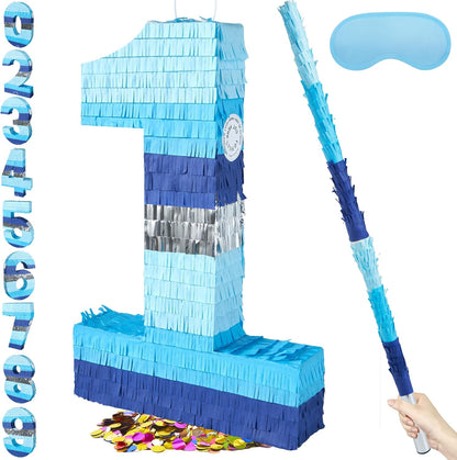 PCFING 20 Inch Number 3 Piñata Blue Silver with 30 Inch Piñata Stick Blindfold Confetti for Boys Girls Adults Birthday Party Decorations, Anniversary Celebration, Fiesta