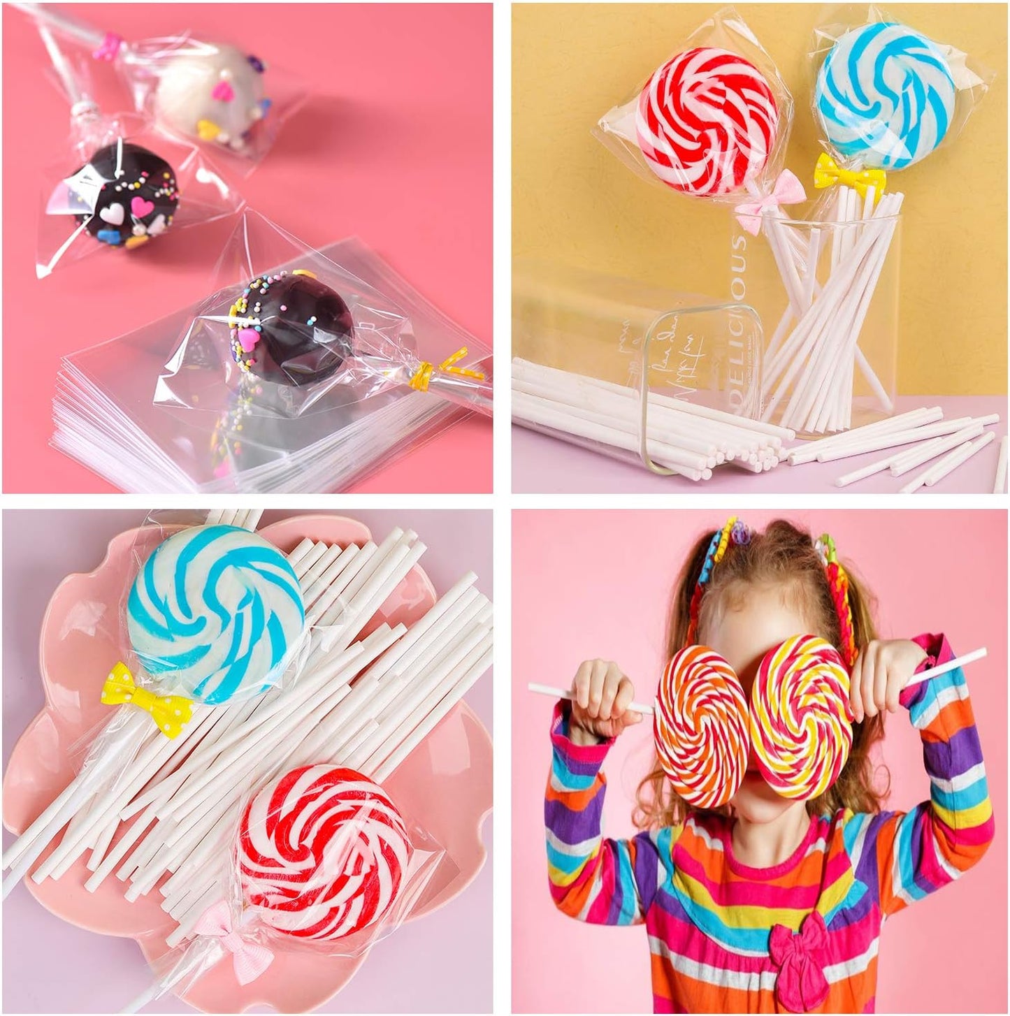 300PCS Lollipop Cake Pop Treat Bag Set Including 100pcs Parcel Bags, Papery Treat Sticks, Gold Metallic Twist Ties for Making Candies, Chocolates and Cookies