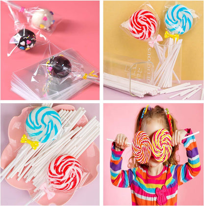 300PCS Lollipop Cake Pop Treat Bag Set Including 100pcs Parcel Bags, Papery Treat Sticks, Gold Metallic Twist Ties for Making Candies, Chocolates and Cookies