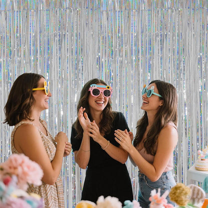 Iridescent Party Decorations Fringe Backdrop, Sparkling Holographic Foil Fringe Tinsel Curtains for Frozen Mermaid Birthday Party Decor - 3.28x6.56ft 2 Packs