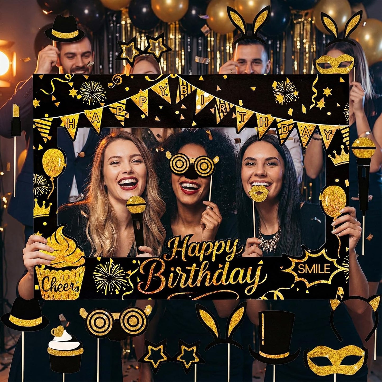 Fnuqz Black Gold Birthday Photo Booth Frame 23Pcs Photo Booth Props Set Party Selfie Birthday Party Decorations Funny Cute Selfie Supplies