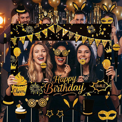 Fnuqz Black Gold Birthday Photo Booth Frame 23Pcs Photo Booth Props Set Party Selfie Birthday Party Decorations Funny Cute Selfie Supplies