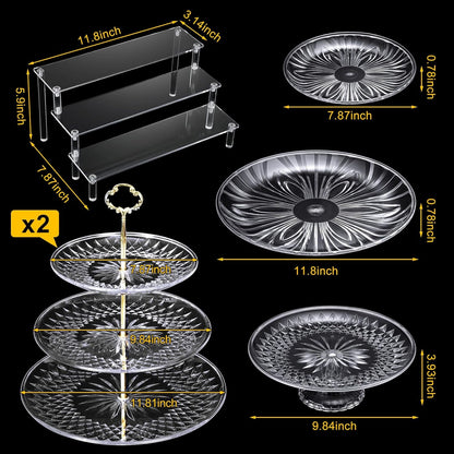 6 Pcs Acrylic Dessert Stands Set Include Display Risers Cupcake Tower and Clear Round Dessert Trays Cake Table Holder for Wedding Baby Shower Decoration(Classic Style)