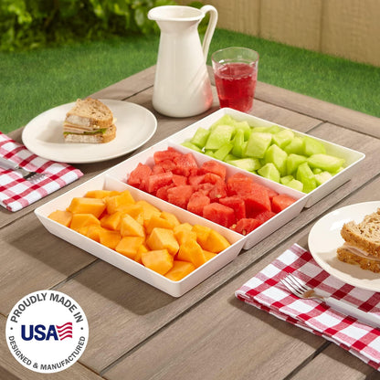 US Acrylic Avant White Plastic Divided Serving Trays (Set of 4) 15” x 5” | Narrow Reusable 3-Section Party Platters | Serve Appetizers, Fruit, Veggies, & Desserts | BPA-Free & Made in USA