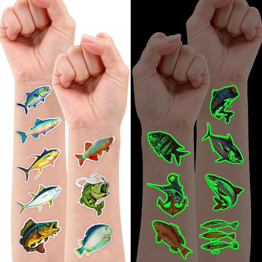 96 PCS Fishing Pre-Cut Temporary Tattoos Birthday Party Decorations Favors Supplies Decor Gone Fishing Fisherman Stickers For Girls Boys Gift School Prizes Rewards (Normal)