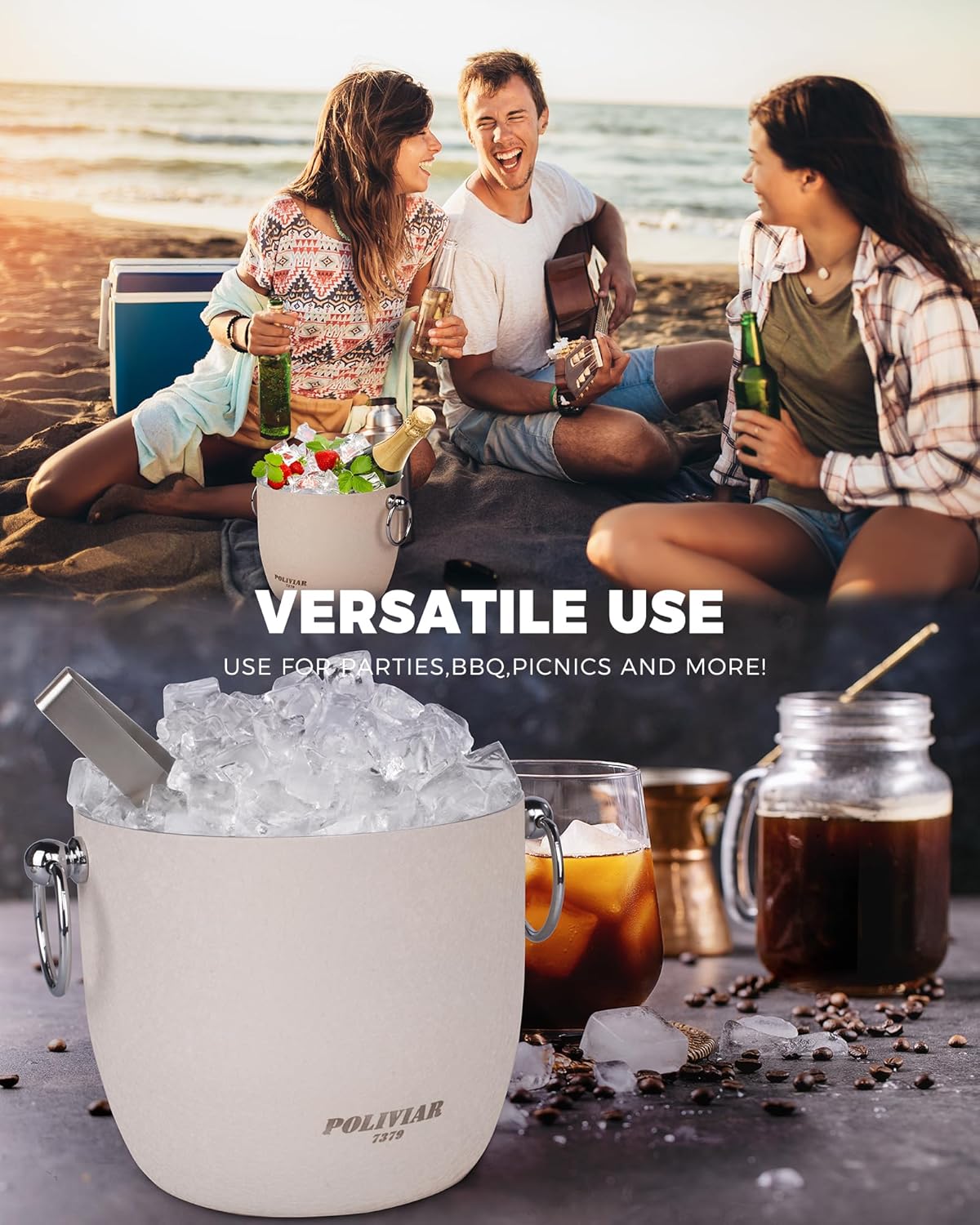 POLIVIAR Ice Bucket, 2.5L Double Wall Ice Bucket with Lid, Stainless Steel Ice Bucket with Tong & Strainer, Ice Bucket for Cocktail Bar, Home & Parties, JX2023-IBLU