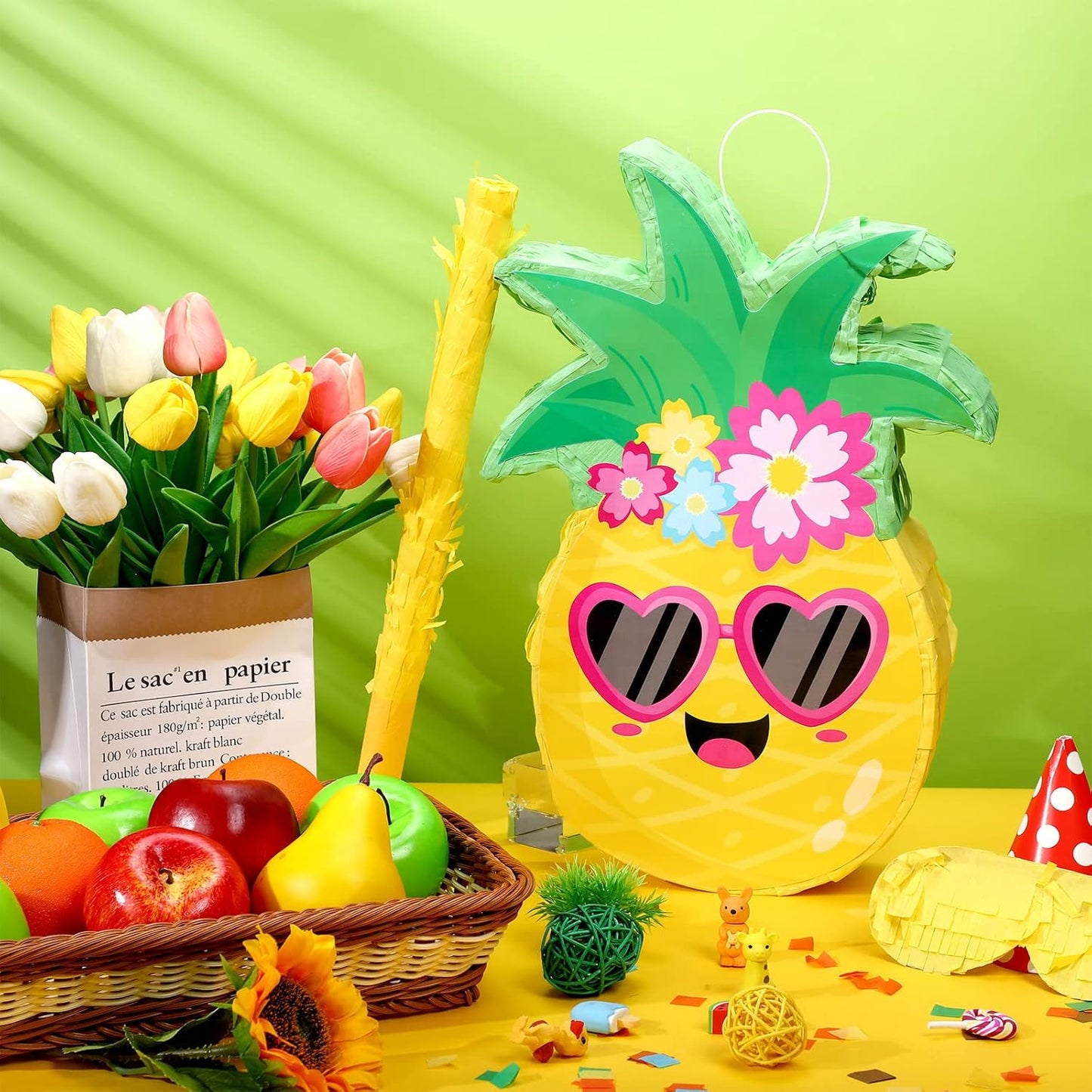 Threan Small Tiki Tropical Hawaii Piñata with Blindfold Bat Aloha Luau Piñata for Hawaiian Luau Themed Party Decoration Summer Birthday Party Supplies, 15.7 x 3.1 x 12.2 Inch