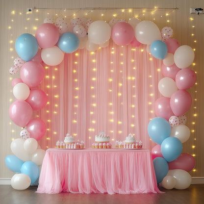 Fomcet Tulle Backdrop Curtains with Lights String White 10FT X 8FT Sheer Curtain with Lights Tulle Curtains Backdrop for Wedding Birthday Party Baby Shower Photo Shoot (2 Panels 5x8FT)