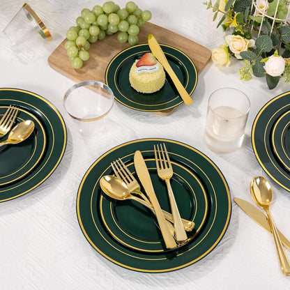 350 Pieces Black and Gold Plastic Plates with Disposable Silverware, Include 50 Dinner Plates 9”, 50 Dessert Plates 6.3”, 50 Black Cups 9 OZ, 50 Pre Rolled Napkins for Wedding Party Graduation