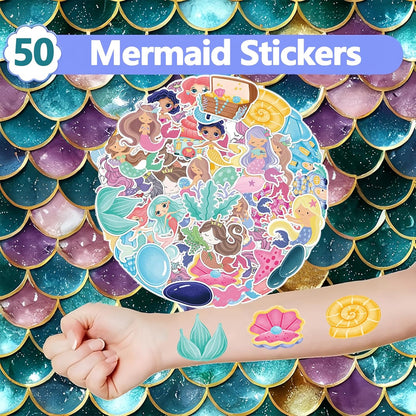 74PCS Mermaid Party Favor 50PCS Mermaid Party Stickers&24PCS Slap Bracelets Birthday Supplies Team Gift Filler