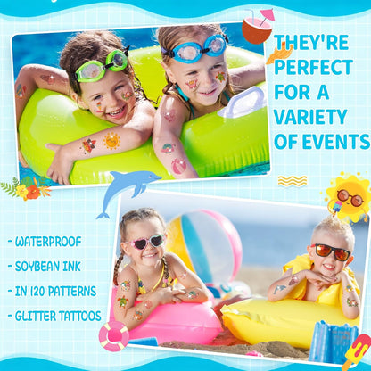 120 PCS Glitter Summer Temporary Tattoos For Kids - Hawaiian Luau Party Favors, Adults Bulk Fun Pool Party Supplies and Tropical Beach Theme Waterproof Decorations