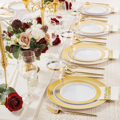 I00000 102 Pieces Gold Plastic Plates, Disposable Party Plates White Gold Rim, 51 Disposable Gold Dinner Plates 10.25 Inch and 51 Disposable Dessert Appetizer Elegant Fancy Wedding Plates 7.5 Inch