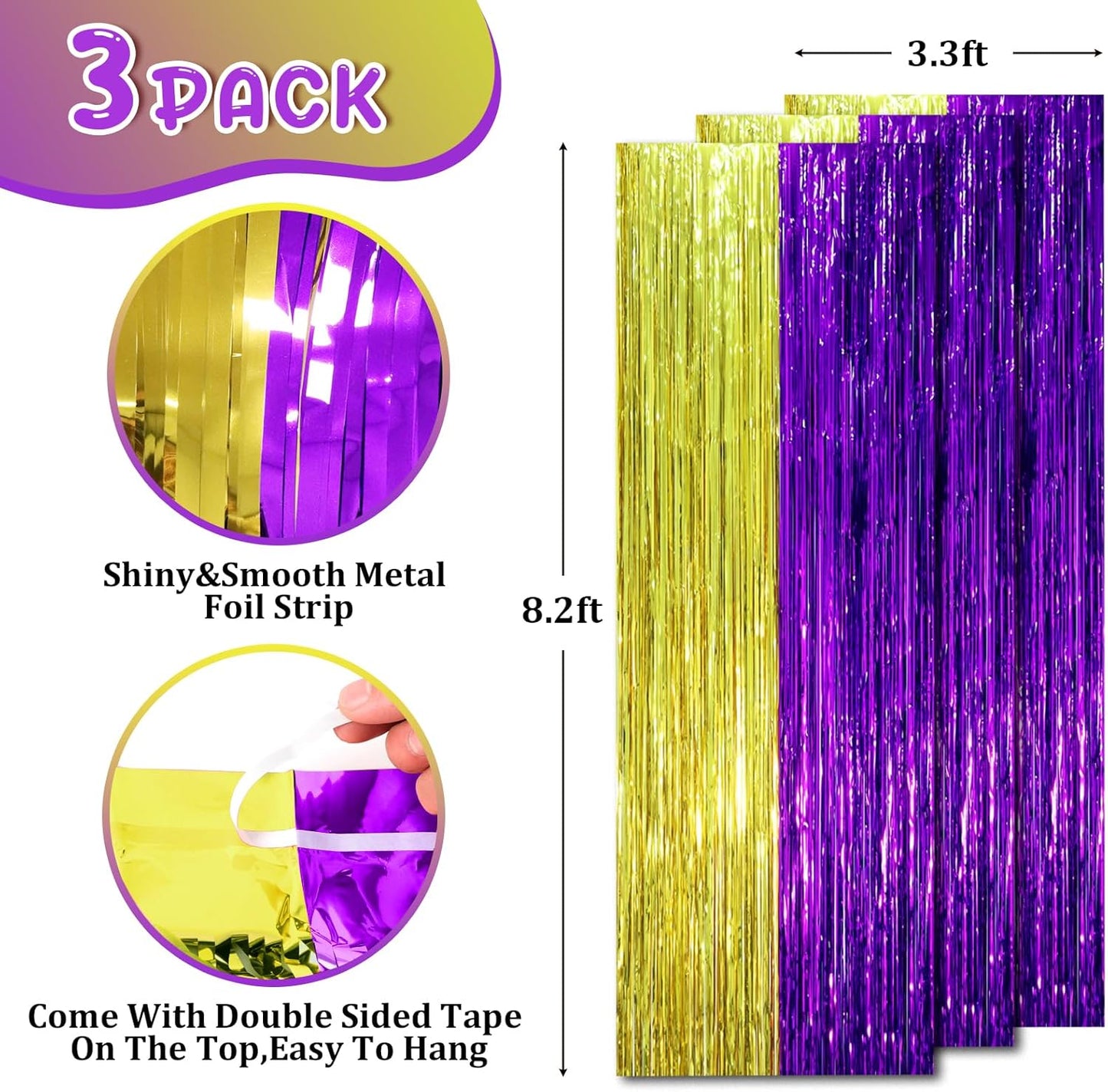 Voircoloria 3 Pack 3.3x8.2 Feet Gold Foil Fringe Backdrop Curtains, Tinsel Streamers, Fringe Backdrop for 2025 New Years Eve, Graduation, Birthday, Baby Shower, Gender Reveal, Disco Party - Colors B