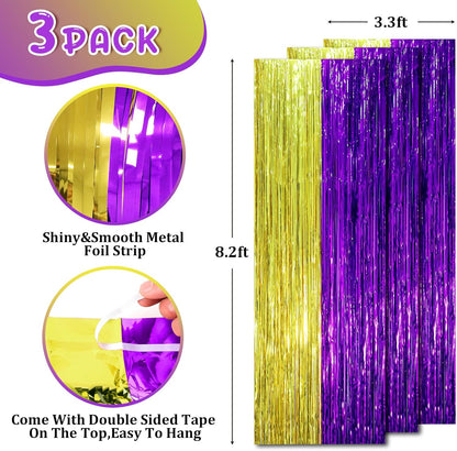 Voircoloria 3 Pack 3.3x8.2 Feet Gold Foil Fringe Backdrop Curtains, Tinsel Streamers, Fringe Backdrop for 2025 New Years Eve, Graduation, Birthday, Baby Shower, Gender Reveal, Disco Party - Colors B
