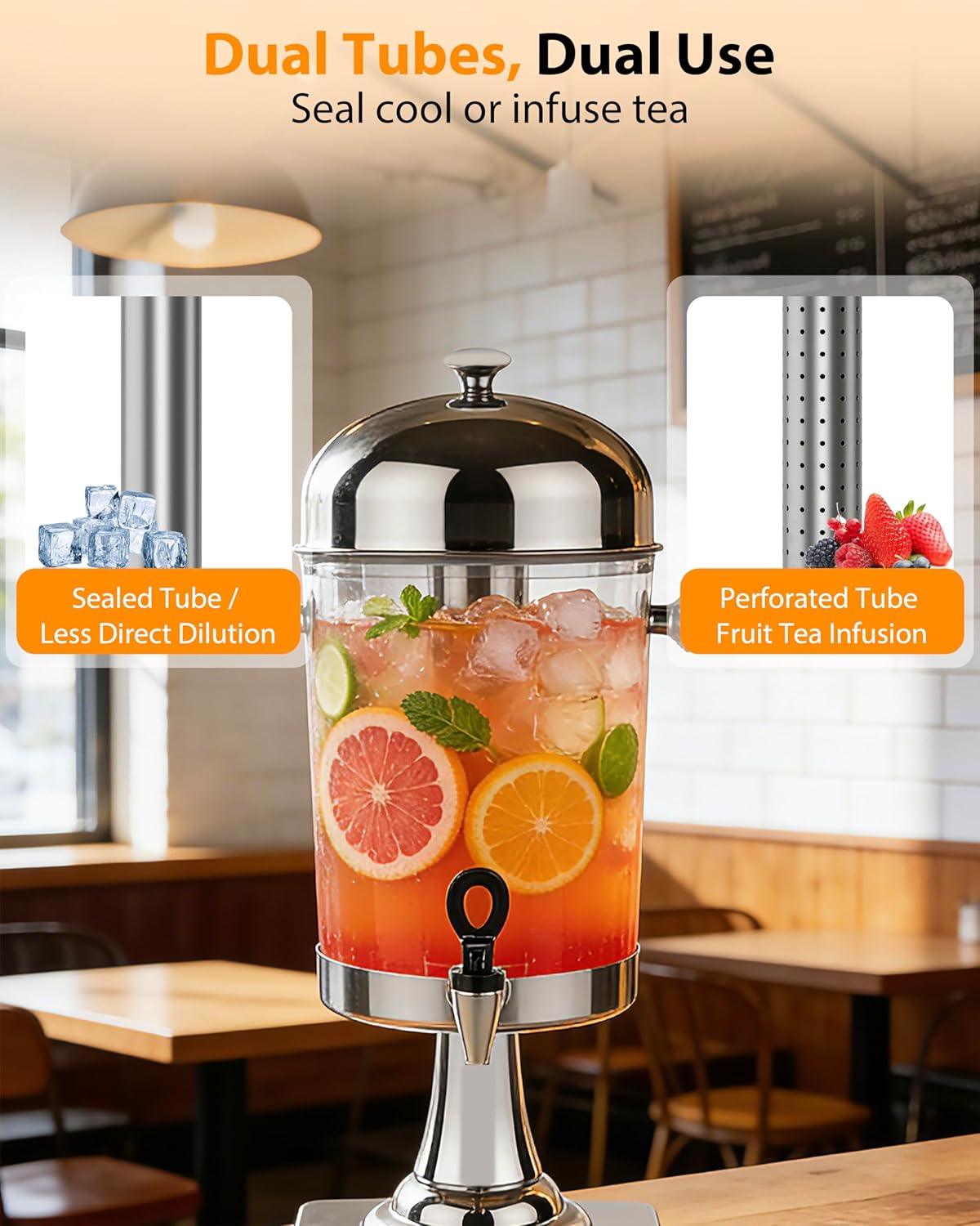 Beverage Dispenser with Stand,2 Gallon Drink Dispenser for Parties,Events,Buffet &Self-Serve,Dual Ice Tube Core Fruit Infuser,Leakproof Spigot,Clear PC Container,Stainless Steel Lid&Base