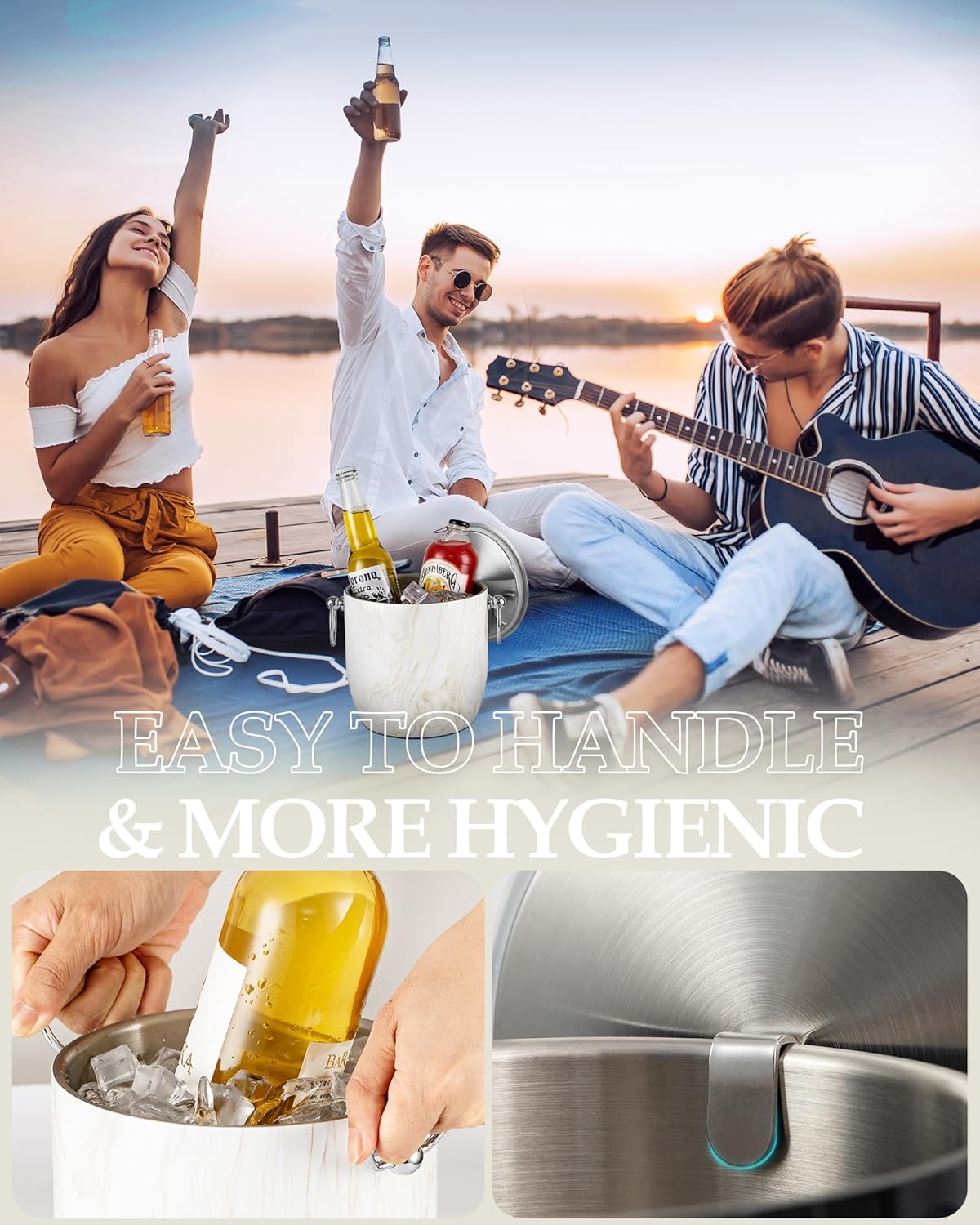 Insulated Ice Bucket, 3L Double Wall Stainless Steel Ice Bucket with Tongs,Lid, Scoop and Strainer, Ice Buckets for Parties,Cocktail Bars, Chilling Beer, Champagne, Wine Bottles,Wood