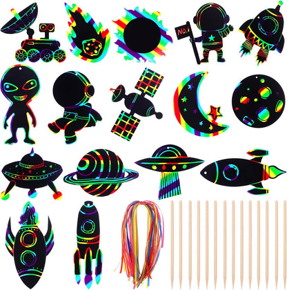 64 Set Space Theme Scratch Paper Rainbow Outer Space Scratch Cards DIY Rocket Scratch Paper Craft Art Cards Kits with Wood Stylus Ribbon for Home School Decor Christmas Birthday Space Party Favors