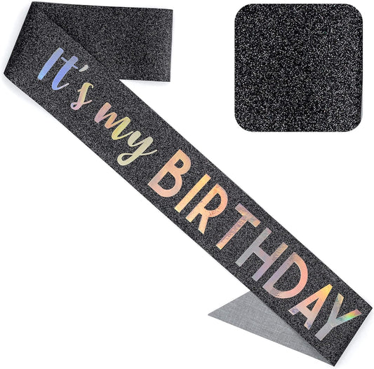 CORRURE 'It's My Birthday' Sash Glitter with Multicolor Foil - Black Glitter Happy Birthday Sash for Women - Party Favors Supplies and Decorations for Sweet 16, 18th 21st 30th 40th or Any Bday Party