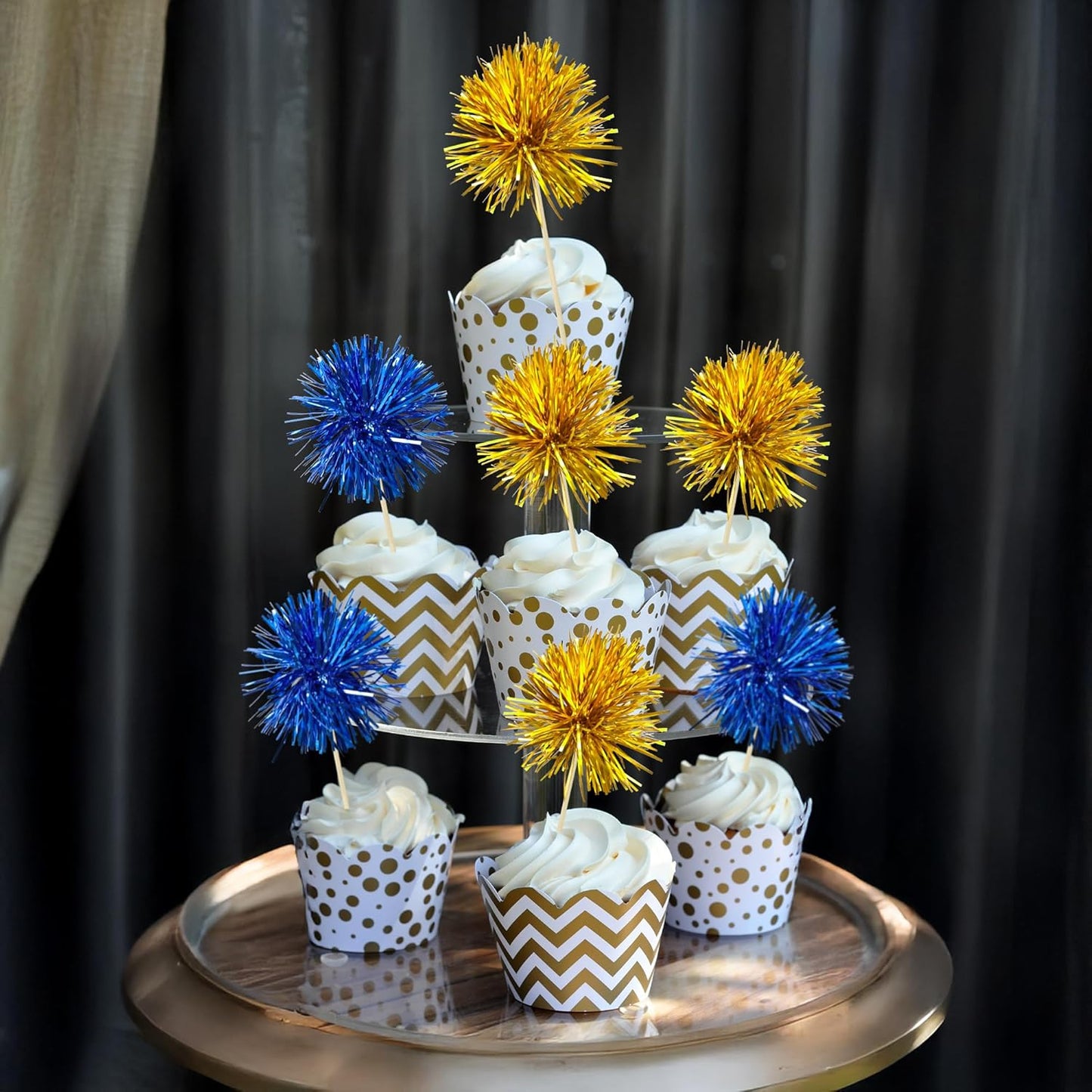 Ephlyn 30Pcs Foil Firework Cupcake Toppers Sparkle Tinsel Cupcake Picks Drink Stirrers Cocktail Food Fruit Toothpicks for Baby Shower Graduation Party Supplies White