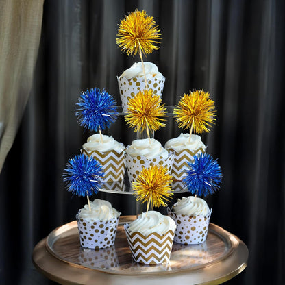 Ephlyn 30Pcs Foil Firework Cupcake Toppers Sparkle Tinsel Cupcake Picks Drink Stirrers Cocktail Food Fruit Toothpicks for Baby Shower Graduation Party Supplies White