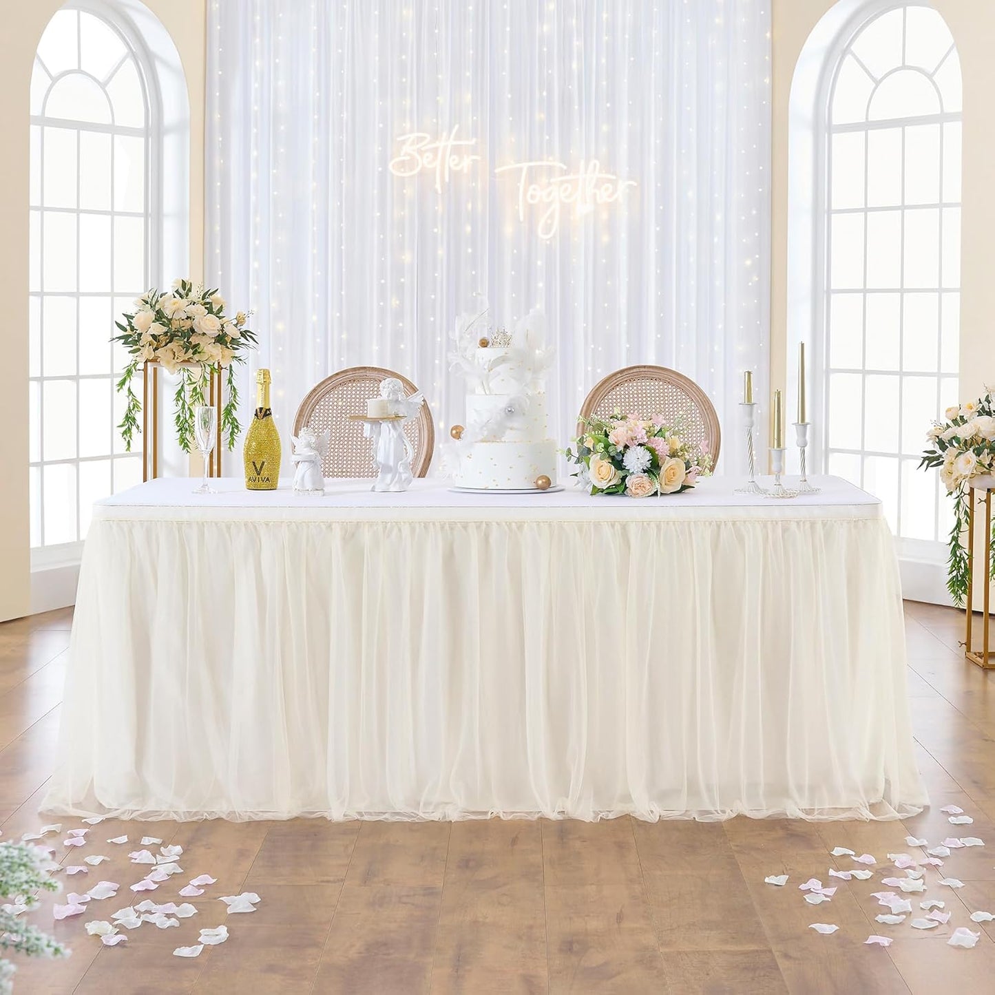 72inch Champagne Gold Tulle Table Skirts for Rectangle Round Tables, Gold Grim Ruffle Tulle Tutu Cloth Table Skirt 6ft for Wedding Birthday Party Cake Dessert Decor(No Top Cover)