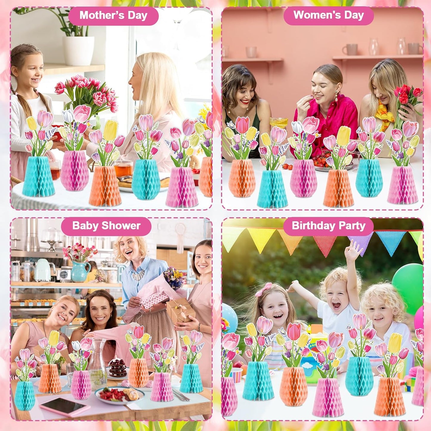 12pcs Tulip Honeycomb Centerpieces 3D Tulip Flower Party Decorations Spring Floral Honeycomb Centerpieces Decor Party Supplies for Spring Garden Wedding Birthday Mother's Day Baby Shower Decor