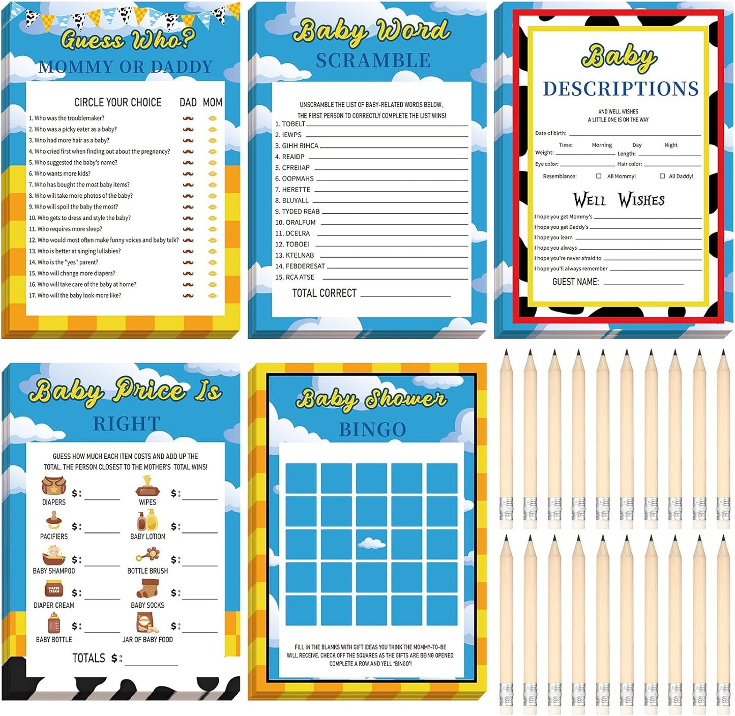 Yinder 145 Pcs Baby Shower Games Activities Cards with 20 Pencils Includes Baby Bingo Description and Wishes Guess Who Price is Right Word Scramble Game(Here Comes the Son)