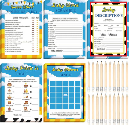 Yinder 145 Pcs Baby Shower Games Activities Cards with 20 Pencils Includes Baby Bingo Description and Wishes Guess Who Price is Right Word Scramble Game(Here Comes the Son)