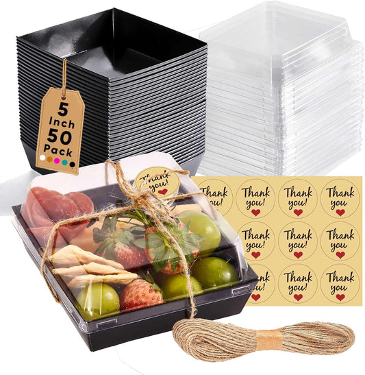 Leafiew 50 Pack Small Charcuterie Boxes with Clear Lids - To Go Paper Mini Charcuterie Box, Disposable Food Containers, 5Inch Dessert Boxes - Sandwich, Cookie, Sushi, Cake Slice, Strawberries (Brown)