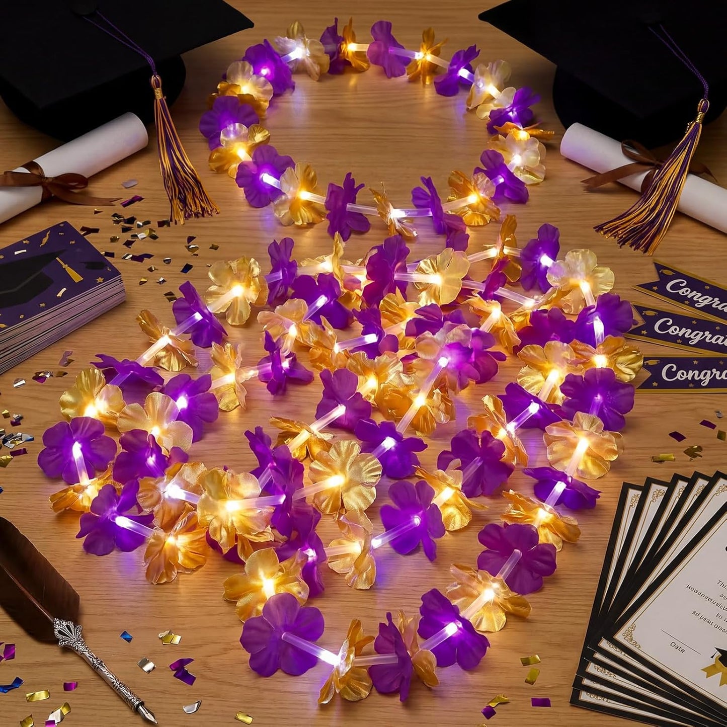 Sherr 24 Pcs LED Leis Light Up Purple and Gold Hawaiian Flower Necklaces, Graduation 2026 Party Supplies, Class of 2026 Leis for Beach Wedding Luau Glow Party Favors
