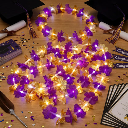 Sherr 24 Pcs LED Leis Light Up Purple and Gold Hawaiian Flower Necklaces, Graduation 2026 Party Supplies, Class of 2026 Leis for Beach Wedding Luau Glow Party Favors
