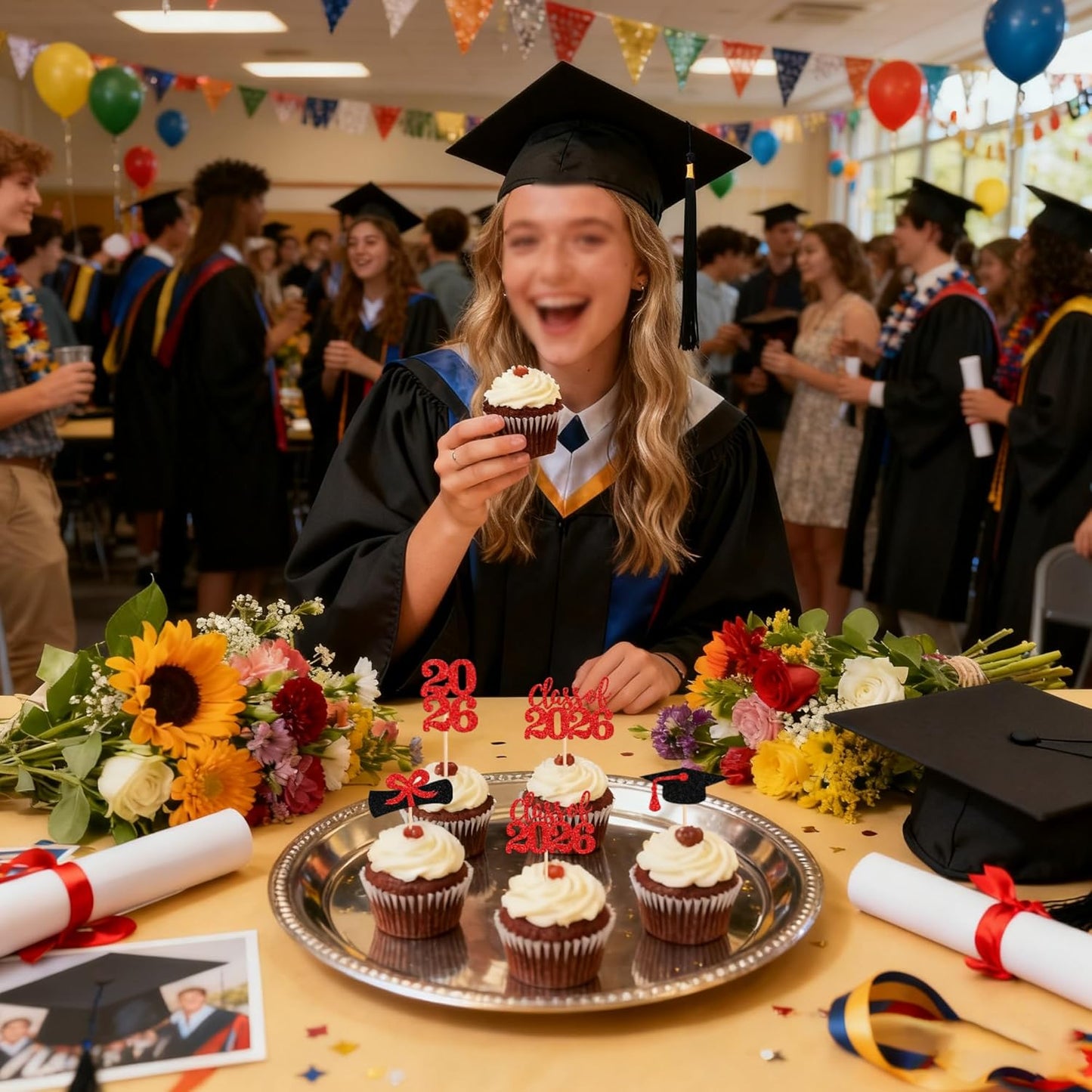36 PCS 2026 Graduation Theme Cupcake Toppers Glitter Class of 2026 Grad Cap Diploma Cupcake Picks 2026 Graduation Theme Party Cake Decorations Supplies Deep Blue