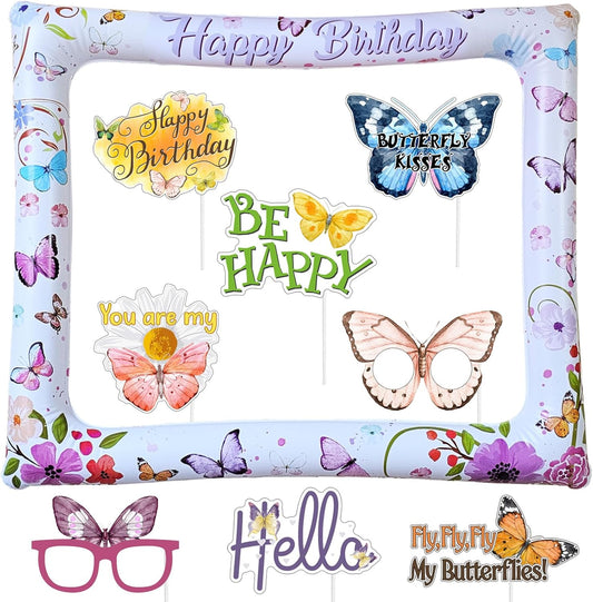 Watercolor Flying Butterfly Birthday Inflatable Selfie Photo Frame & Photobooth Props Set for Pictures Floral Butterfly Selfie Props Beautiful Butterflies Photo Frame for Birthday