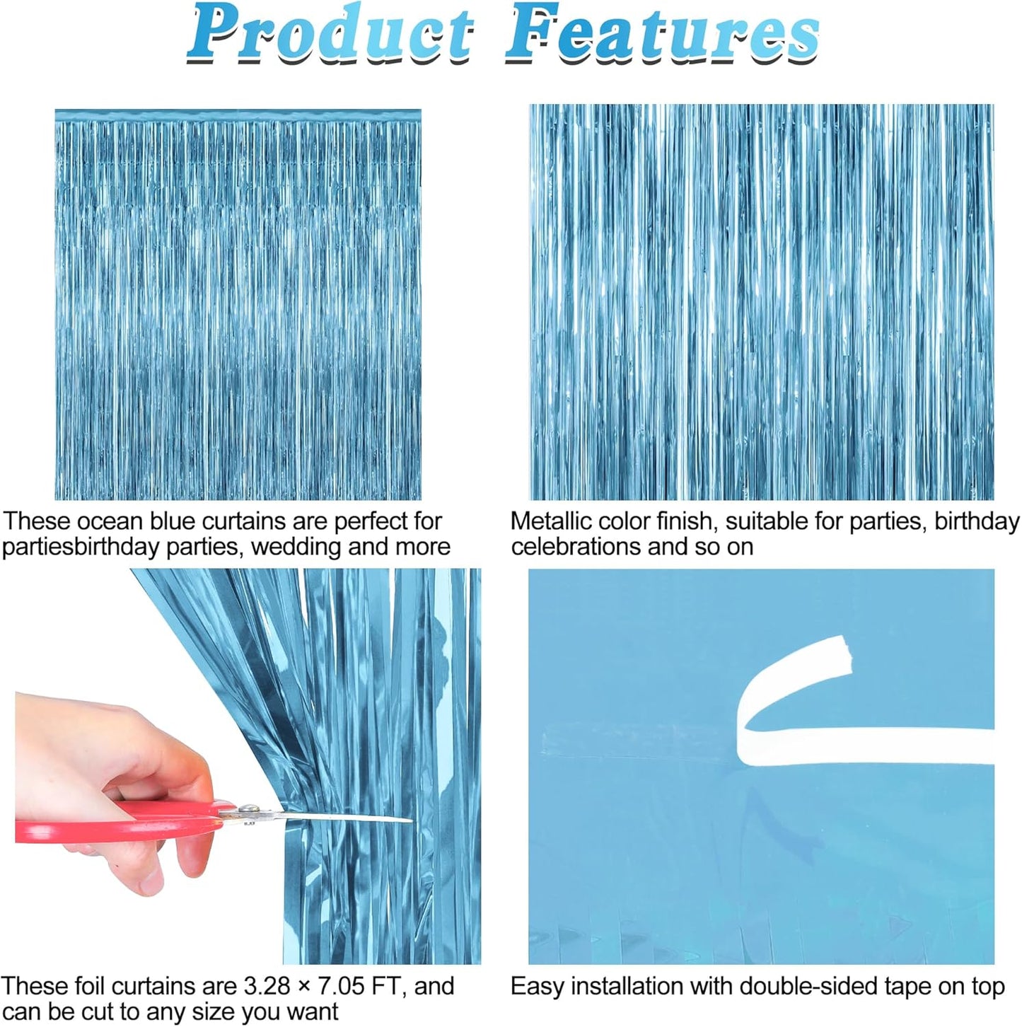 2 Pack Party Decorations, 3.28 FT x 7.05 FT Fringe Backdrop, Metallic Ocean Blue Foil Fringe Curtains Party Streamer Foil Backdrop, Light Blue Birthday Decorations Bachelorette Decor