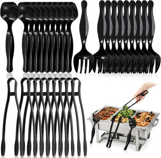 30 Pcs Plastic Serving Utensils, Disposable Black Serving Spoons Forks Tongs, 9'' Heavy Duty Party Utensil for Catering Buffets Dinner Weddings Salad Noodles Soup Daily Use