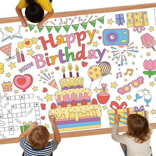 Happy Birthday Giant Coloring Tablecloth Poster for Kids - 30 x 72 Inch Versatile Birthday Activity Paper Banner Poster Table Cover Crafts for Home School Party Events Wall Table Decorations