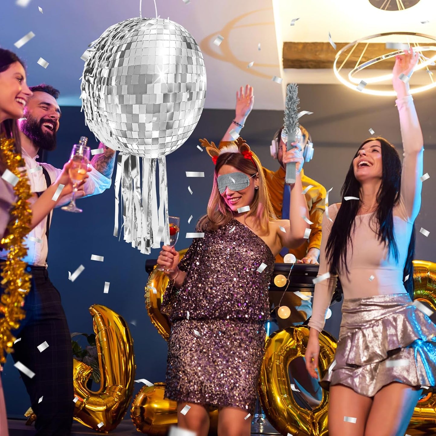 Disco Ball Pinata with Stick and Blindfold 80s 90s Theme Party Decorations Silver Mirror Disco Ball Pinata for Birthdays Weddings Roller Skating Party Supplies