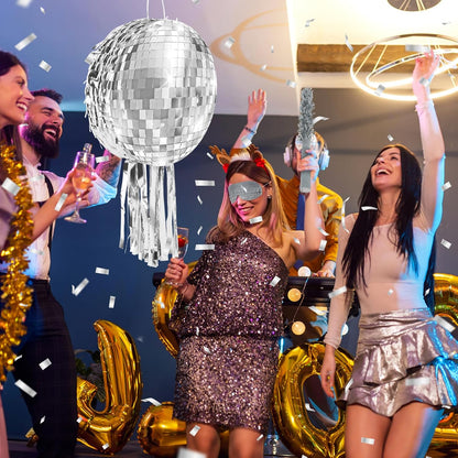 Disco Ball Pinata with Stick and Blindfold 80s 90s Theme Party Decorations Silver Mirror Disco Ball Pinata for Birthdays Weddings Roller Skating Party Supplies