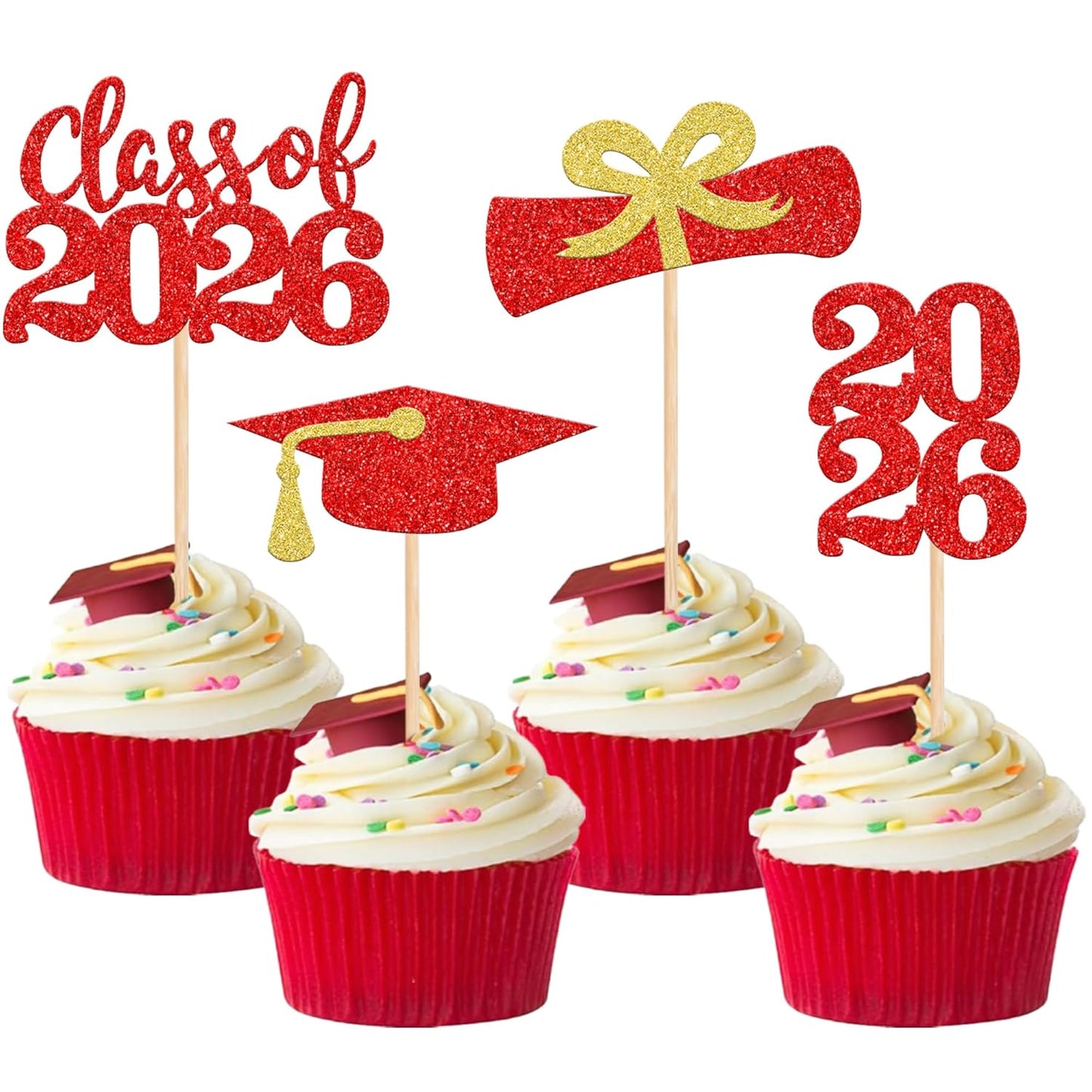 36 PCS 2026 Graduation Theme Cupcake Toppers Glitter Class of 2026 Grad Cap Diploma Cupcake Picks 2026 Graduation Theme Party Cake Decorations Supplies Deep Blue