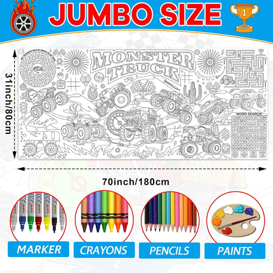 Naozinebi Monster Trucks Coloring Poster for Giant Coloring Poster Large Coloring Tablecloth Jumbo Monster Truck Wheels Coloring Activities Books Supplies for Classroom Home Birthday Party Favor