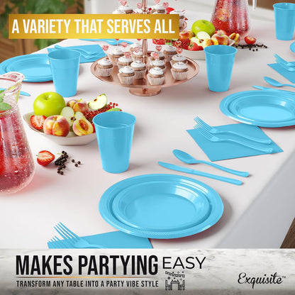 350 Pcs Black Plastic Plates For Party, Black Disposable Plates Set, 50 Of Each 9" Dinner Plate Set, 7" Dessert Plate, Cups, Napkins & Cutlery Plastic Dinnerware Set Exquisite