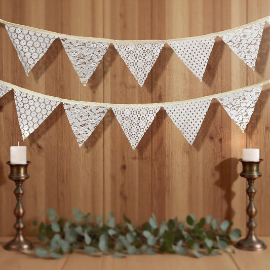 Boho Vintage White Floral Lace Pennant Bunting Banners - Beige Fabric Triangle Flags Garland for Wedding, Bridal Shower, Valentine's Day, Birthday Party Decor