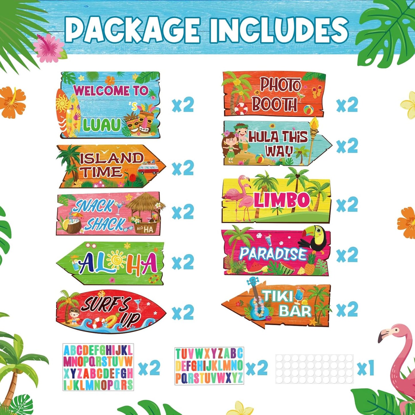 20 Pcs Luau Party Decorations Welcome Sign Summer Hawaiian Directional Signs Tropical Hawaiian Themed Birthday Decorations Luau Tiki Party Supplies with 2 Sheet Letter Stickers